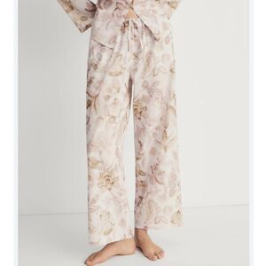 Mango Pajama Lounge Pants Cream Floral Cotton Wide Leg MNG Drawstring Medium M